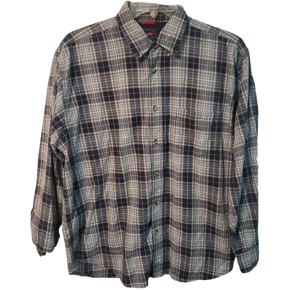 Wrangler Shirt Mens L Blue Long Sleeve Plaid Cotton Wrinkle Resist Button Down